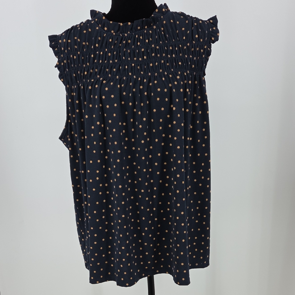 Adrianna Papell Navy Top with Tan Polka Dots